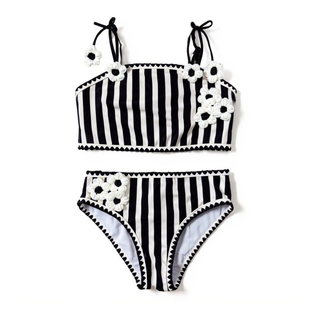 Rachel Zoe Girls Swimsuit Size 7 Black White Striped Bikini Floral Crochet Trim - Picture 1 of 7